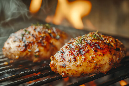 Delicious chicken breasts cook over hot flames on a grill, releasing savory aromas during a lively summer barbecue gathering