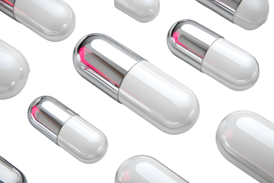 White medical capsules or pills for treatment isolated on transparent background, medicine and healthcare concept, close-up view