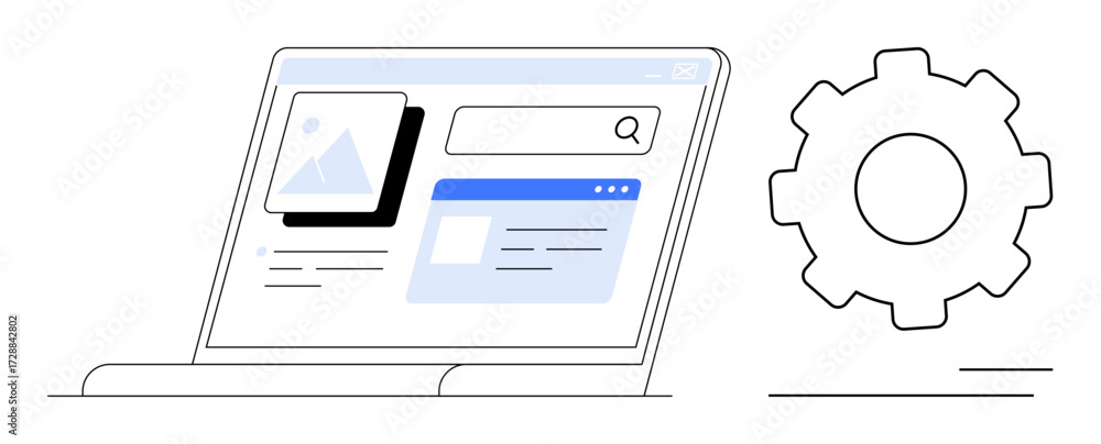 Poster open laptop displaying search interface, a dropdown window, and image placeholder alongside a gear. 