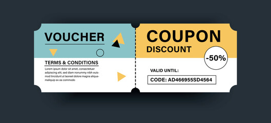 Discount voucher. Discount coupon card template. Promotional voucher 50% off