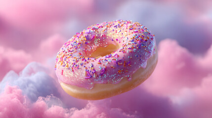 A pink frosted donut with sprinkles floating in a pink cotton candy sky