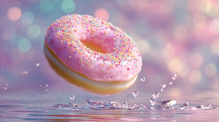 Pink frosted donut with sprinkles hovering above water with bokeh lights