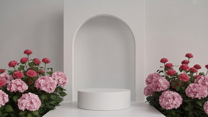 Elegant product showcase with pink hydrangeas and modern white archway, perfect for beauty, fashion, or wellness advertising
