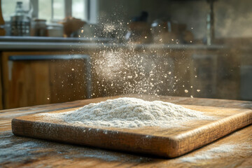 A mound of flour sits on a wooden cutting board, with fine particles drifting in the air, illuminated by warm natural light
