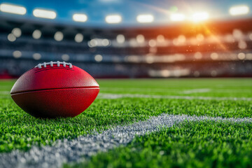 A bright afternoon at the stadium features a football on the grass field, awaiting the next exciting play from the game