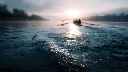 Rowing team glides across misty lake at sunrise sun glinting on water and oars
