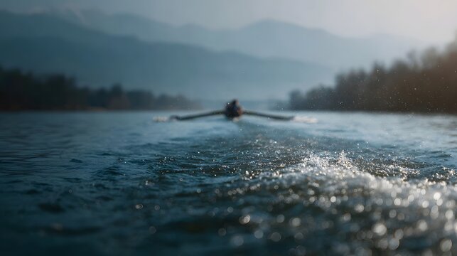 A rowing boat glides across a serene lake leaving a wake with misty mountains in the background - Powered by Adobe