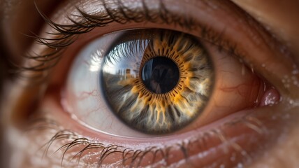 Stunning macro shot of a captivating hazel eye reflecting light, showcasing depth and detail for health, beauty, or medical concepts