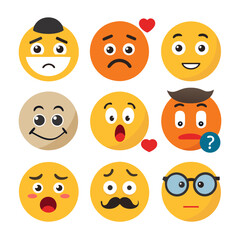 Assorted flat design emoticon faces on white background illustration