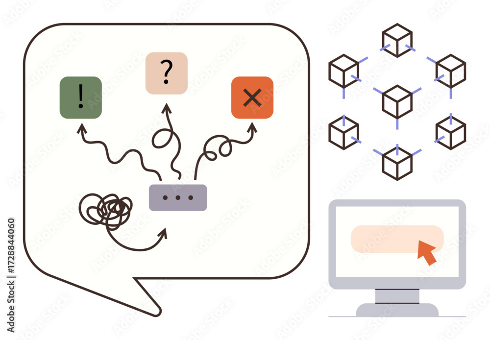 Poster speech bubble with arrows leading to solutions and decisions. includes blockchain cubes and computer