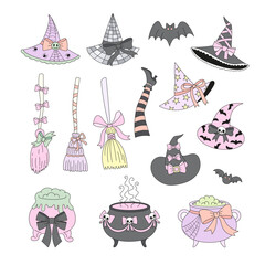 Preppy Coquette Halloween Witch Clipart Set. Pastel Witch Hat, Broom, Cauldron, Cute Spooky Elements Isolated on White.