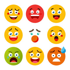 Collection of flat design emojis displaying various emotional expressions