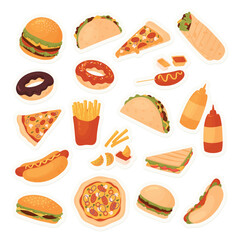 Fast food restaurant menu sticker pack set vector illustration. Cartoon yummy fastfood meal stickers with delicious hot dog sandwich hamburger taco pizza donut french fries cheeseburger isolated