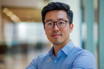 Obraz premium A young man with glasses smiles while standing in a modern office space filled with natural light and a friendly atmosphere