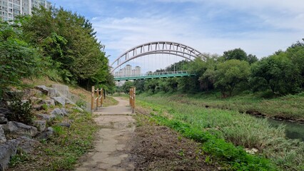 pedestrian pathway and arch bridge over a stream with apartment buildings in the city park