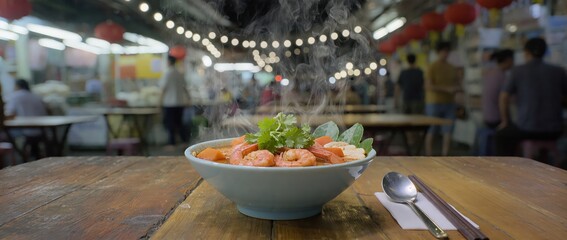 Fototapeta premium Steaming bowl of Tom Yum soup with shrimp, mushrooms, papaya chunks, and fresh herbs, vibrant Thai street food atmosphere