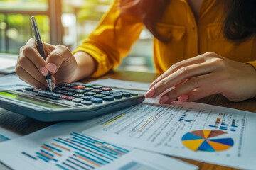 A woman in a yellow shirt uses a calculator to manage finances while analyzing charts and reports in a well-lit office setting