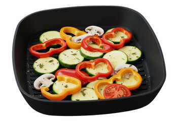 Isolated fresh sliced vegetables in a black grill pan ready for cooking healthy meal preparation delicious ingredients for grilling