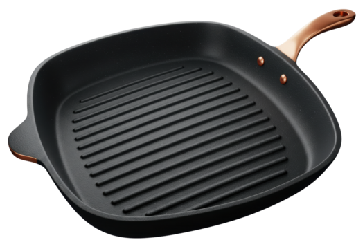 Isolated black square grill pan with a sleek copper handle essential kitchenware for healthy cooking and preparing delicious grilled food