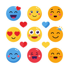 Collection of Flat Design Emoji Faces with Hearts and Diamond