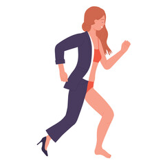 From office to beach for weekend or summer vacation vector illustration. Cartoon professional businesswoman walking from workplace with computer on exotic sea coast with palm trees background