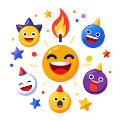 Happy cartoon emoji faces celebrating birthday with stars around