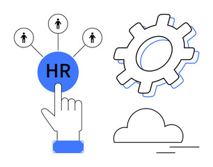 Human resources selection process with hand tapping HR button, linked to employee icons, gear, and cloud. Ideal for workforce, recruitment, management, technology, automation connectivity