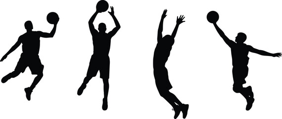 Silhouette illustration of basketball players jumping and dunking ball, sports action concept, athletic movement, team game, fitness, competition, training, energy, lifestyle, performance