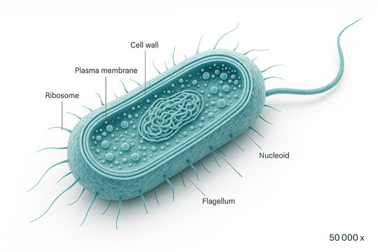 Detailed 3D illustration of a bacterium cell structure, highlighting its components like cell wall, plasma membrane, ribosomes, nucleoid, and flagellum, magnified 50,000 times.