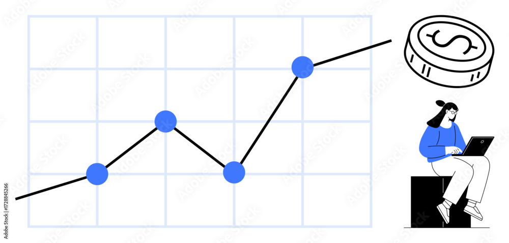 Poster graph with connected blue points showing upward progress, large dollar coin, person sitting on a blo