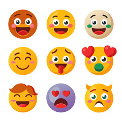 Nine assorted emoticon expressions in a colorful vector illustration