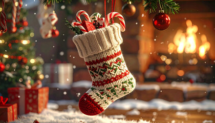 A warm knitted Christmas stocking filled with candy canes and small gifts