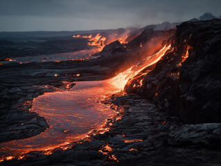 Molten Lava Flow, Active Volcanic Eruption, Earth's Raw Power