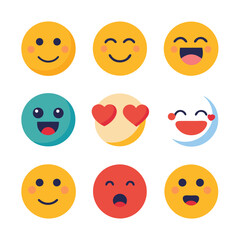 Collection of Colorful Flat Design Emoji Faces Expressing Various Emotions