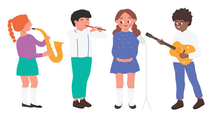 Children with musical instruments play acoustic music on school concert or party vector illustration. Cartoon cute group of boys and girls musicians playing saxophone, flute and guitar, singer singing © Flash Vector