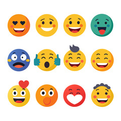 Various expressive flat vector emojis arranged on a white background