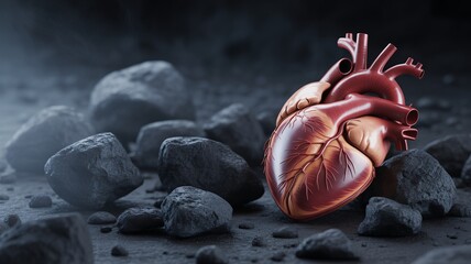 Anatomical heart amidst rugged rocks conveys strength resilience and the preciousness of health, symbolizing vital organ function and cardiology concepts