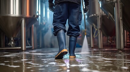 Worker wearing protective boots and gloves, holding a pressure washer and cleaning the floor of a brewery with water and foam, ensuring hygiene and sanitation in an industrial facility