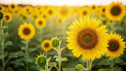 Obraz premium Field of bright yellow sunflowers in full bloom under a sunny sky.