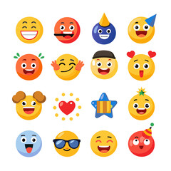Collection of assorted cartoon style emoji icons on white