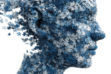 Human head profile made of chaotic blue jigsaw puzzle. Concept of cognitive psychology or psychotherapy, personality disorder, brain problem, mental health. PNG isolated on transparent background.