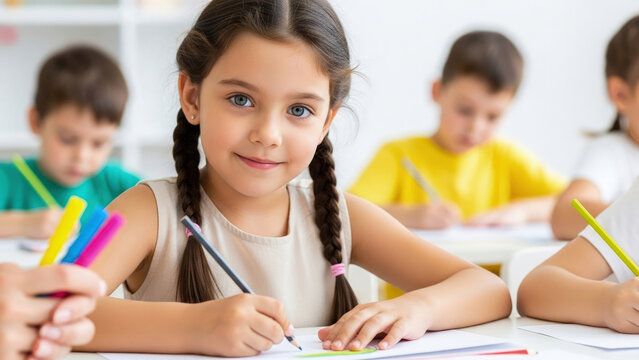 A young girl with braids smiles while drawing with colored pencils in a classroom setting with other children.