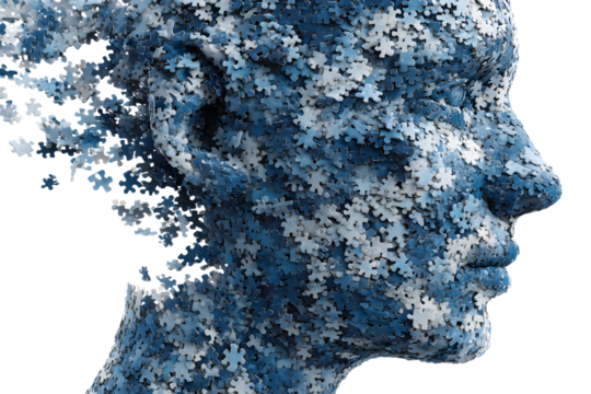 Human head profile made of chaotic blue jigsaw puzzle. Concept of cognitive psychology or psychotherapy, personality disorder, brain problem, mental health. PNG isolated on transparent background.