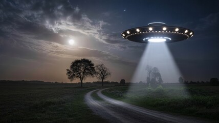 Mysterious UFO beaming light over rural landscape at night, creating awe and wonder, perfect for sci-fi stories and otherworldly concepts