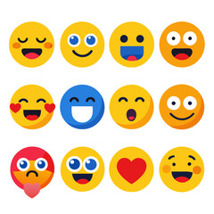 Fototapeta premium Collection of flat vector smiley emoji faces on white