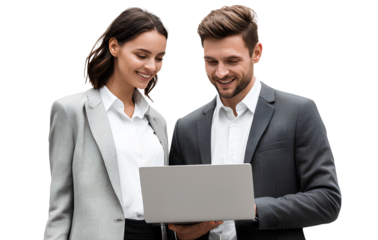 two handsome young men in business suits, one man is talking and the other holding a tablet while smiling at each other