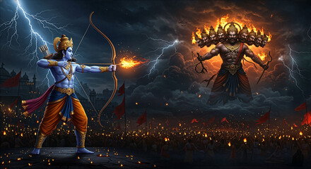 Lord Rama aiming his bow and arrow at Ravana in the sky, symbolizing the victory of good over evil in the epic Ramayana. Ideal for Dussehra festival themes, Hindu mythology, and cultural celebrations.
