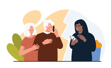 Fototapeta premium Stealing money from old people using mobile phone vector illustration. Cartoon elderly couple talking to scammer on telephone, dangerous conversation with thief of grandmother and grandfather victims