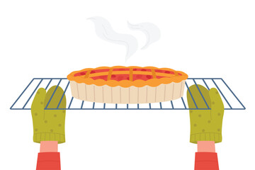Cartoon chef making traditional pie or tart, view from open door of modern electric oven background. Hands of baker putting fruit cake dessert on tray into kitchen oven to bake vector illustration.