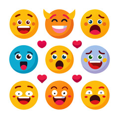 Fototapeta premium Collection of cheerful emoji characters with different expressions on white